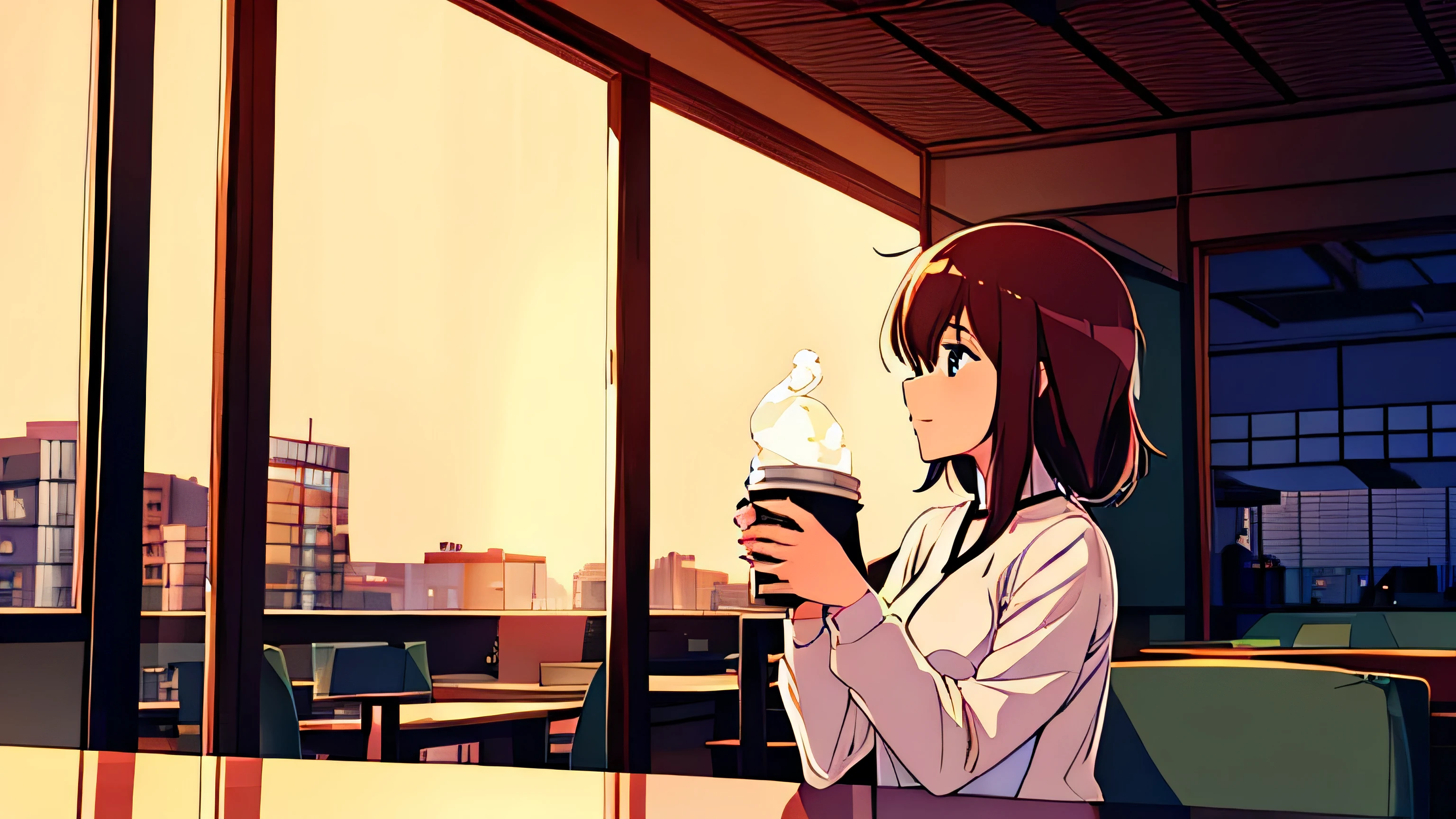 An office lady drinking coffee at a cafe on a rainy day　Warm lighting　Japanese anime style