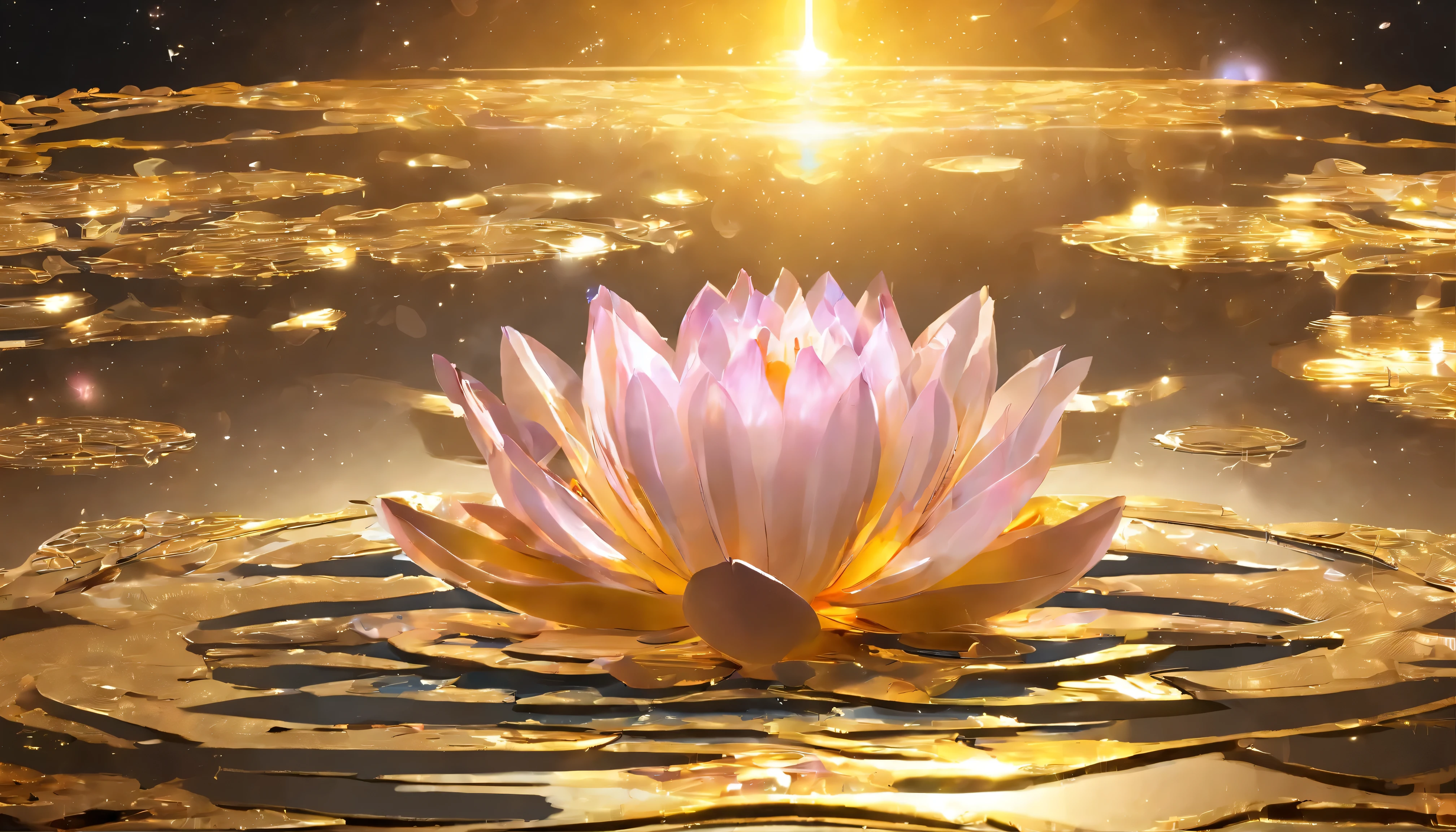 A golden water lily, lotus petals, radiating golden light, Lotus, with lotus flowers, glowing golden aura, a golden halo, soft golden light, glowing delicate flower, lotuses, gold ethereal light, gold flowers, sitting on a lotus flower, gilded lotus princess, Golden glow, Golden light, golden background with flowers, (extremely detailed CG unity 16k wallpaper:1.1), (Denoising strength: 1.45), (tmasterpiece:1.37), ray tracing, god rays, UHD, award winning