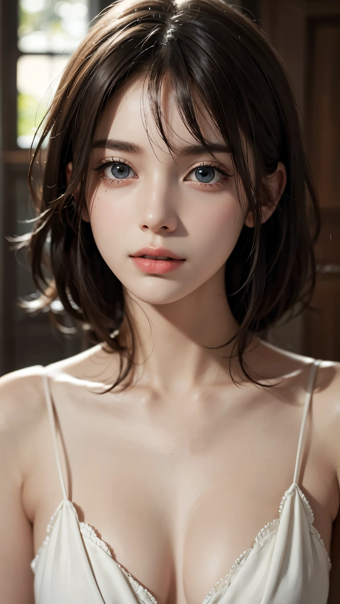 (UHD, retina, masterpiece, accurate, anatomically_correct, textured_skin, super_detail, high_details, high_quality, best_quality, high_res, 1080P, HD, 4K, 8k, 16k), (beautiful_detailed_eyes, beautiful_detailed_lips, extremely_detailed_eyes_and_face), soft_lighting, physically-based_rendering, vivid_colors, (large_breasts:1.5), (shiny_hair, shiny_skin, tanned_skin, blush), (bangs:1.5), eye_reflection, (bokeh), semi-profile_view, (comedy:1.5),