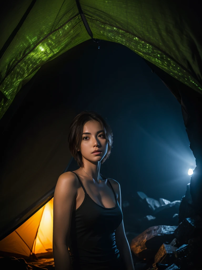 best qualtiy, tmasterpiece, Ultra-high resolution,(realisticlying:1.6), RAW photograph, 1girl, mid body, in the darkness nigth, deep shading, low tune, cold light, looking to the camera, Sexy look, short detailed hair, inside the cave, fireflies, waterfall background, camping tent,