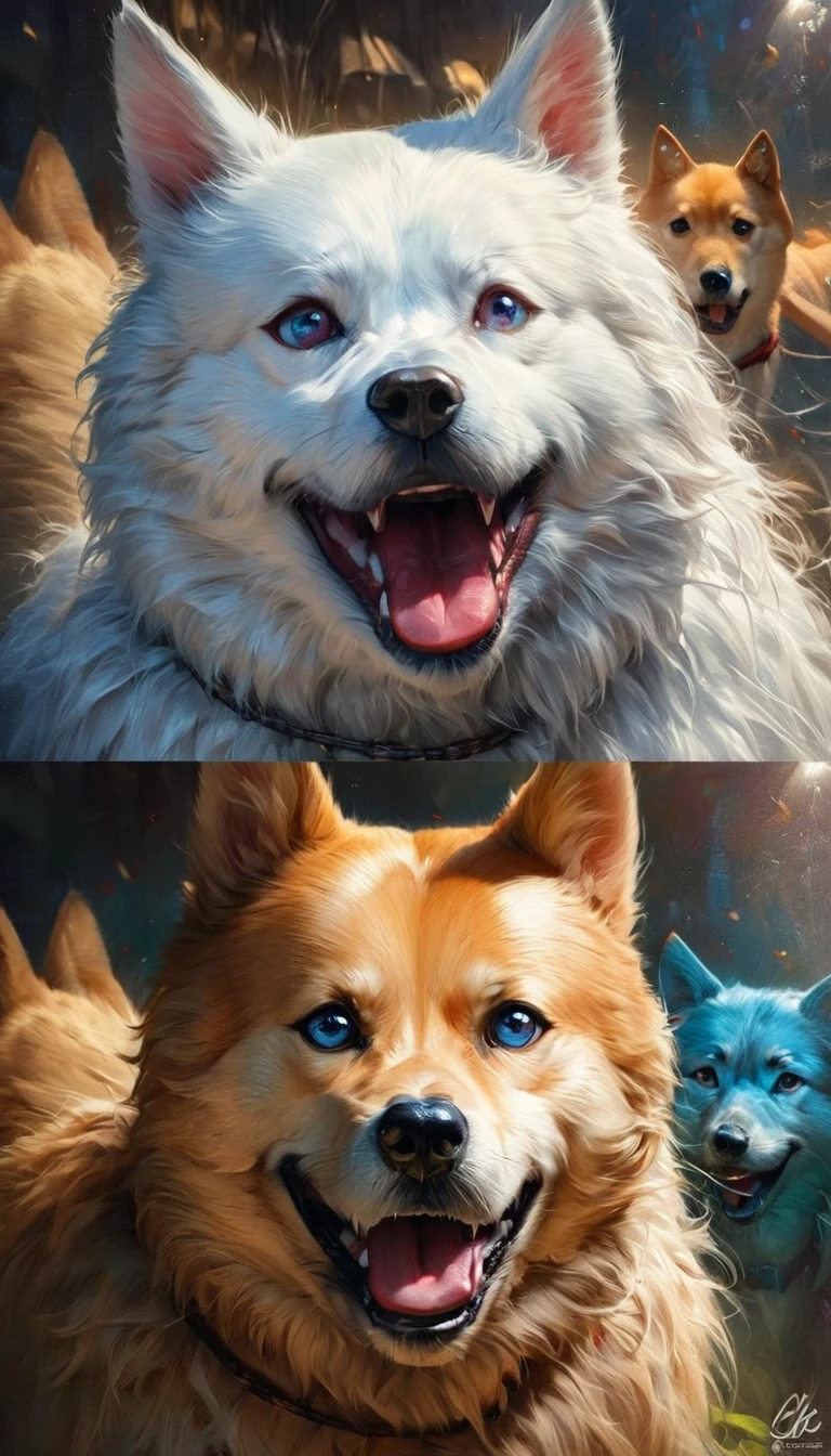 (best quality,4k,8k,highres,masterpiece:1.2),ultra-detailed,(realistic,photorealistic,photo-realistic:1.37),two variations of Shiba Inu, one with a joyful and kind expression, the other displaying a fierce and angry attitude, charmingly detailed eyes and ears, fluffy fur with intricate texture, cute wagging tails, vibrant and lively appearance, realistic portrayal of the breed's features, contrasting emotions captured on their adorable faces, impeccable shading and highlights, outstanding focus on their expressive eyes, capturing the essence of their personalities, expertly painted with oil on canvas, catchy composition highlighting their contrasting emotions, perfect composition blending the two faces seamlessly, professional artworks, vivid colors emphasizing their emotional states, intricate brushwork highlighting each strand of fur, excellent studio lighting bringing out the richness of colors, fine attention to detail in every aspect, beautiful backgrounds complementing the characters, adding depth and context to the artwork, artistic style combining realism with a touch of surrealism, creating an engaging and thought-provoking visual experience, warm and vibrant color palette depicting their good nature, cool and intense color palette conveying their dangerous side, masterful use of chiaroscuro to emphasize their contrasting expressions, dynamic and dramatic lighting evoking their emotions, capturing the Shiba Inu's essence in a unique and compelling way.