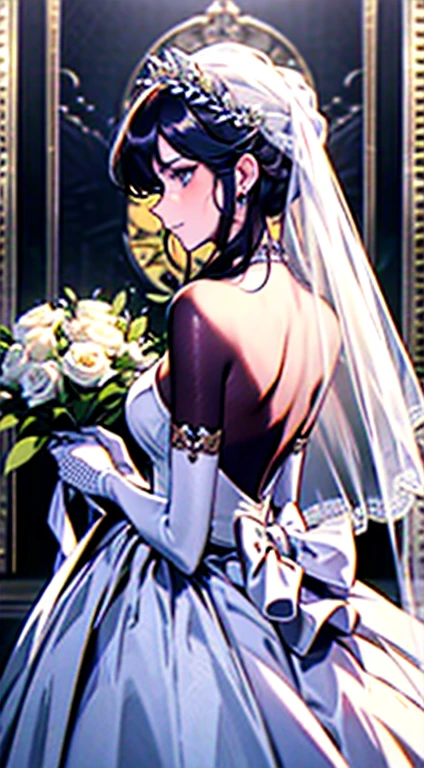 realisticlying,(tmasterpiece,top Quority,Optimal quality,offcial art,Beauty and aesthetics:1.2),The is very detailed,A girl,Wearing a white wedding dress,Coiled hair,White hands holding bouquets,Facing the audience,The right proportions,simple backgound