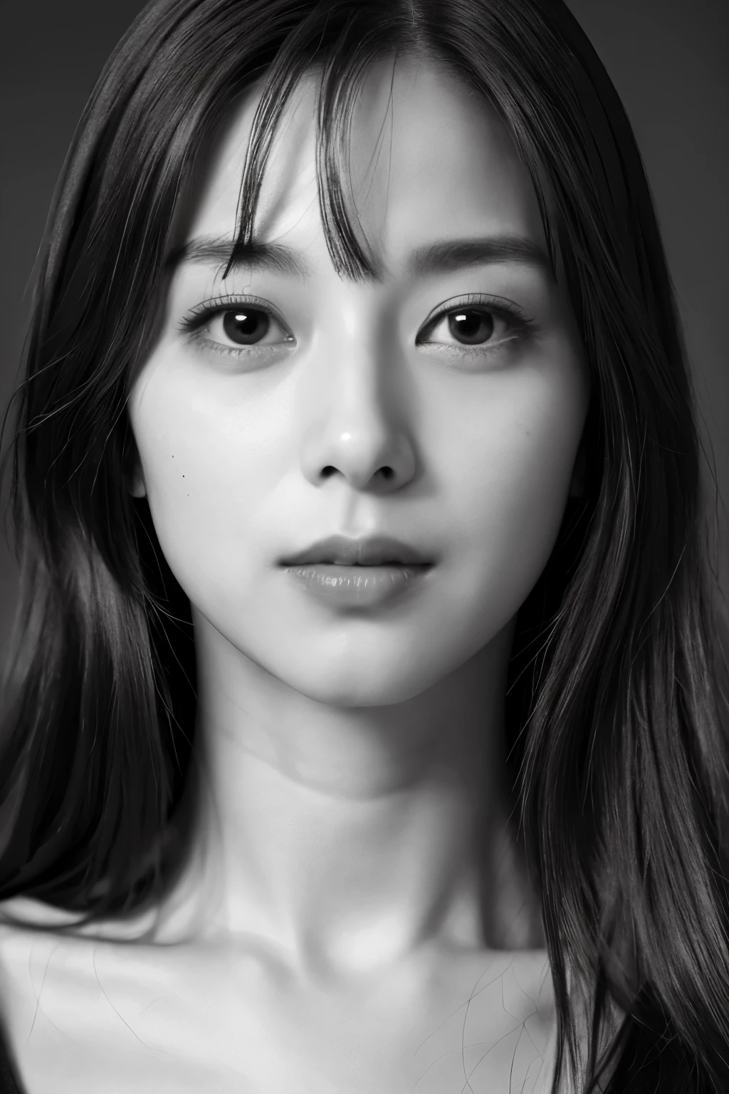 masterpiece, highest quality, Photoreal, Super detailed, High resolution, 8K wallpaper, ((monochrome photography)), 1 girl, Skinny Japanese woman, (((facing the front))), ((Only the lips are in red)), (monochrome photography), brown hair, detailed clavicle, perfect face, straight hair, ((look straight at the camera))