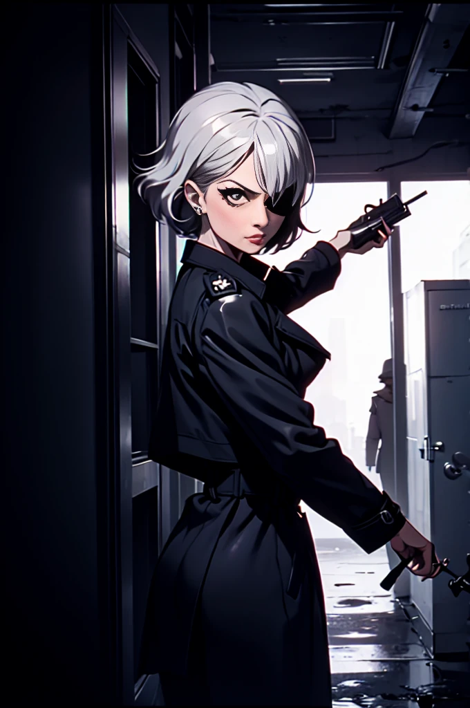 imagined a cartoon sexy milf detective woman whit short silver hair who ad a eye patch on her left eye in a trench coat holding a revolver in 1950 black and white thriller movie, 50's, retro, spy movie, world war 2, front pose