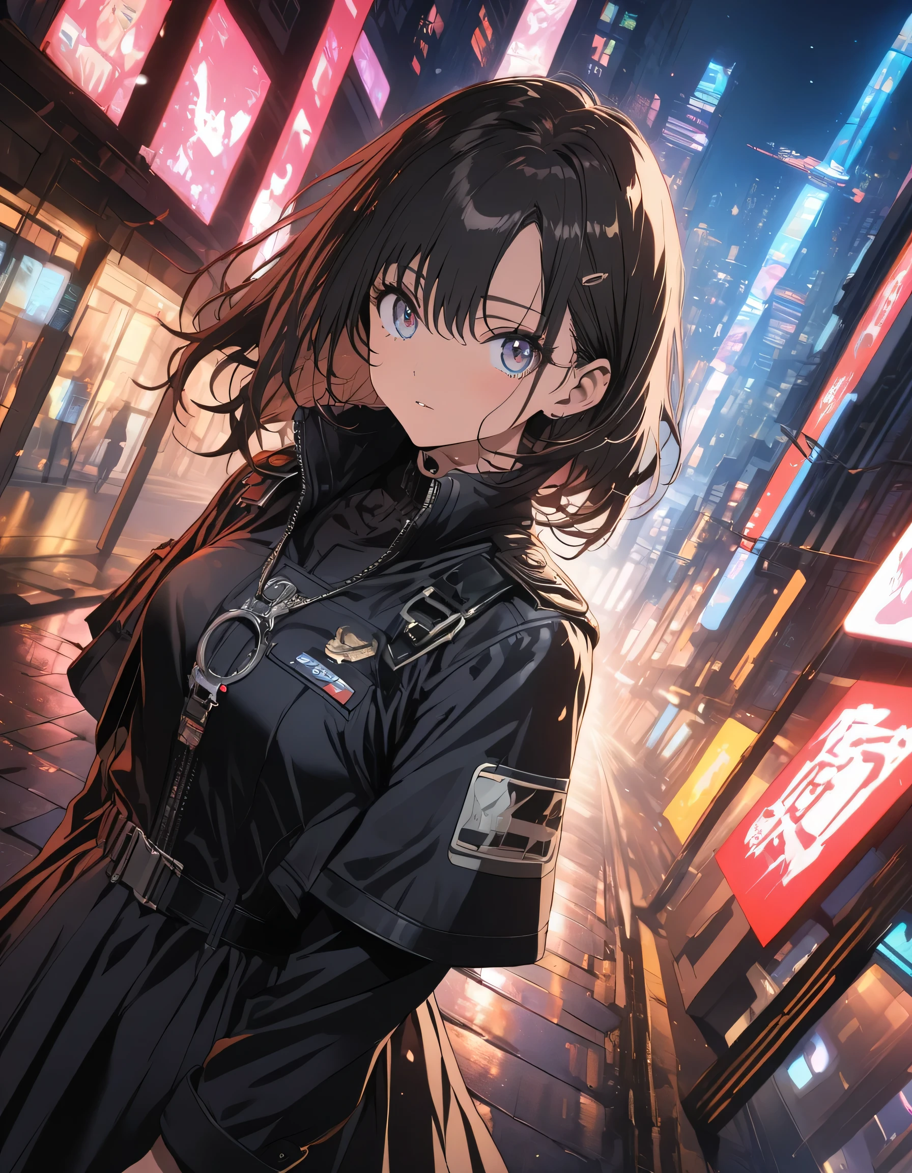 anime style, super fine illustration, highly detailed, dynamic angle, beautiful detailed, 8k, At night, in a cyberpunk cityscape, a female police officer patrols the neon-lit streets. Her footsteps echo against the damp pavement as she keeps a watchful eye on the shadows, ready to enforce justice in this futuristic metropolis.(highest quality、masterpiece、High resolution、detailed)、anime style、Flat Style、(Beautiful Eyes, Delicate and beautiful face, ) 、Dynamic Angle、anime