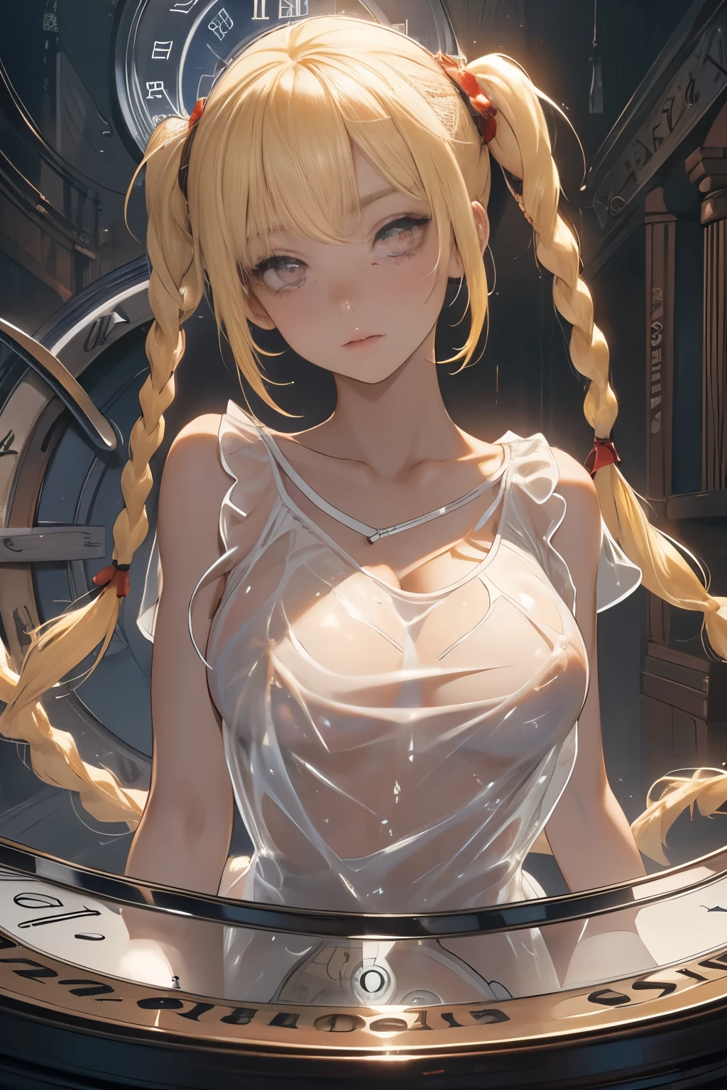 Optimal，masterpiece，High resolution，highest quality，Hyper HD，Very detailed，Award-winning，16k，alone，（Upper Body），Correct Anatomy，Beautiful Cyberpunk Girl，Upper Bodyの写真、Cute face，，blonde、Long Hair、Twin tails、Braid, Hairline，（（Scarlet Eyes）），Long eyelashes，Drooping eyelids，White skin，((Shoot from the front:1.5)), ((camisole:1.5)), ((See-through:1.5)), ((Clock Top:1.5))、rocket , (Large Breasts),