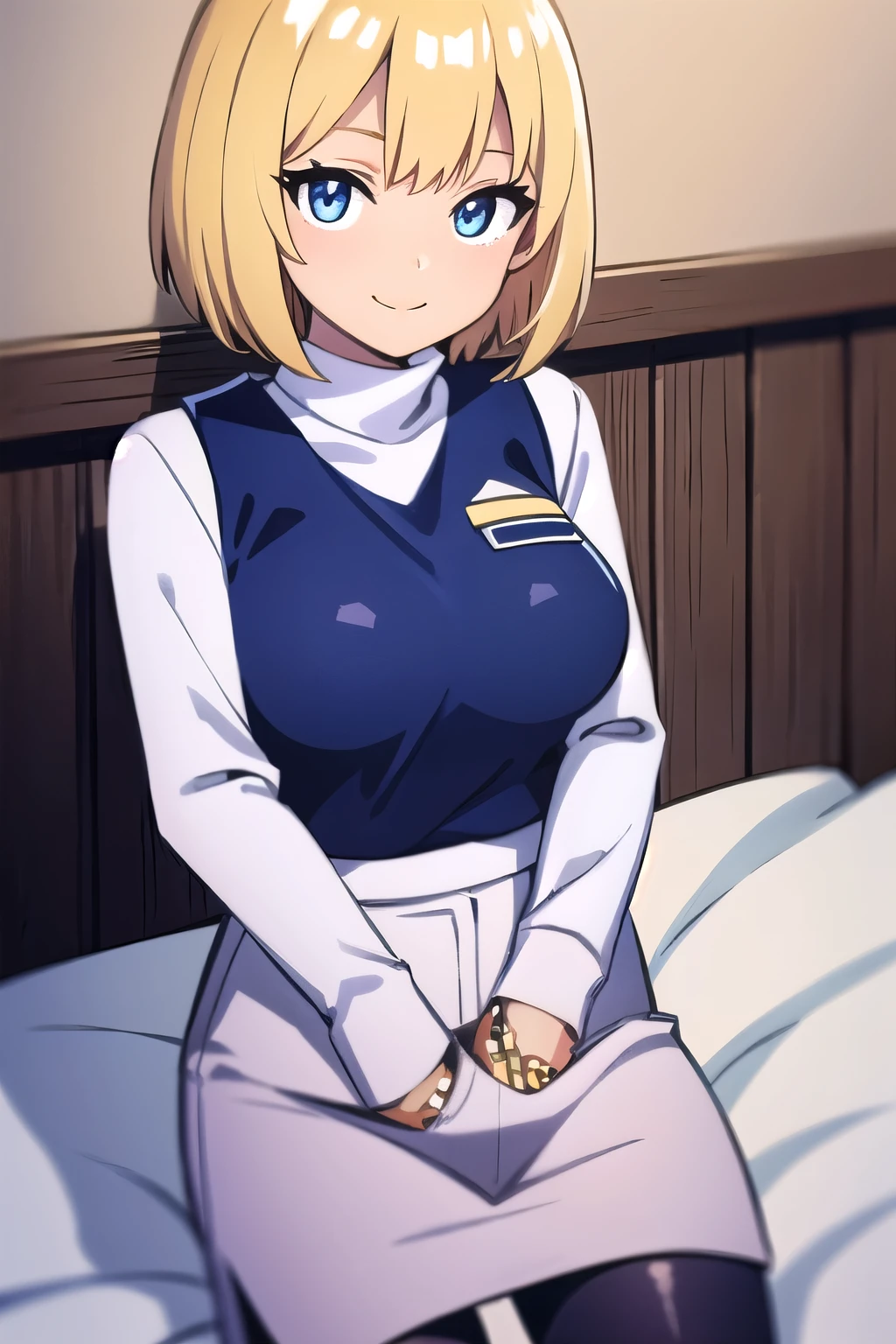 tenkaizumo, tenka izumo, short hair, blue eyes, blonde hair, smile, BREAK skirt, long sleeves, jewelry, pantyhose, earrings, vest, sweater, turtleneck, turtleneck sweater, BREAK indoors, bed, BREAK looking at viewer, (cowboy shot:1.5), BREAK (masterpiece:1.2), best quality, high resolution, unity 8k wallpaper,