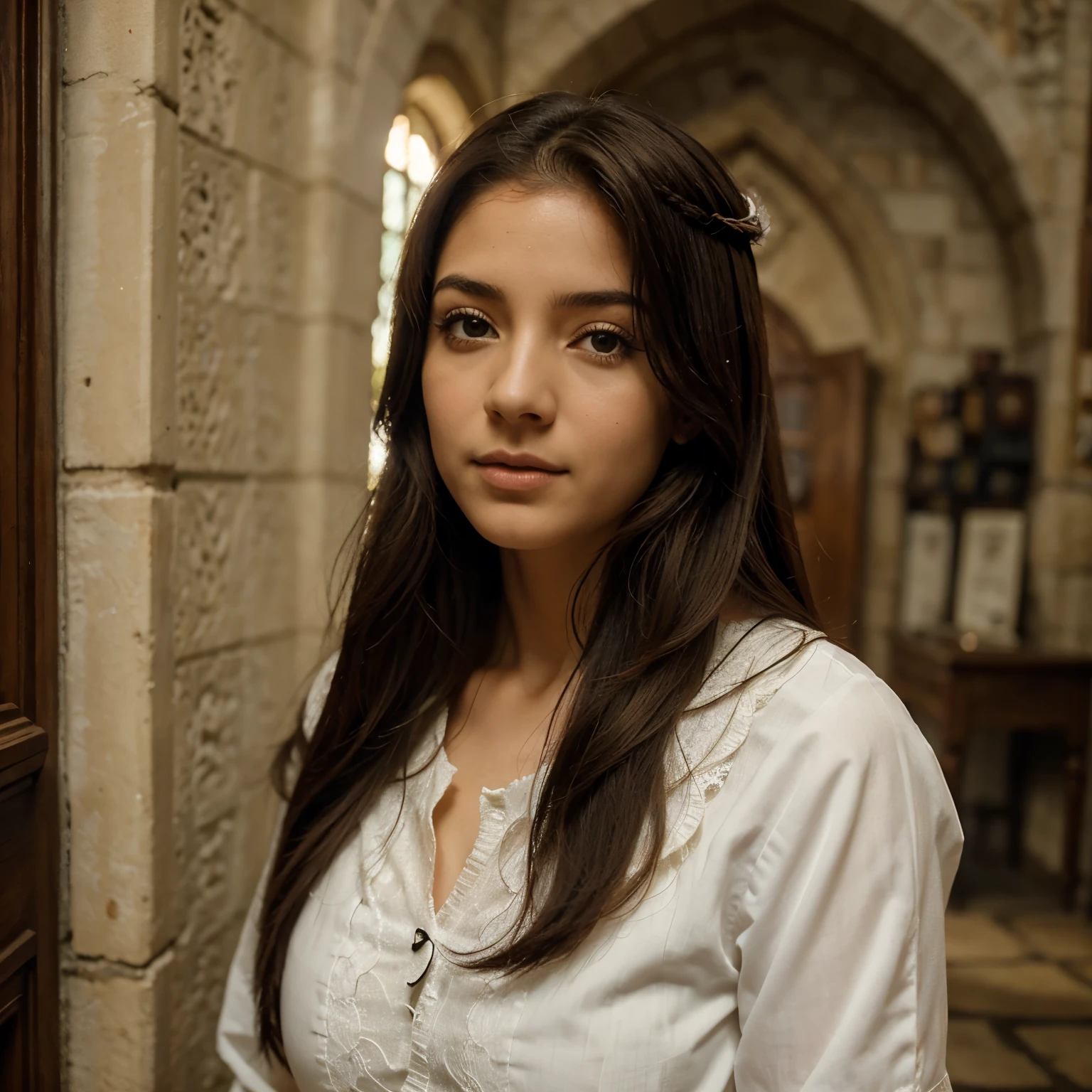 Garota muito bonita, garota de 14 anos, cabelos ruivos escuro, olhos azuis, Delicate strokes, uniforme da Sonserina, andando por Hogwarts, pele branca