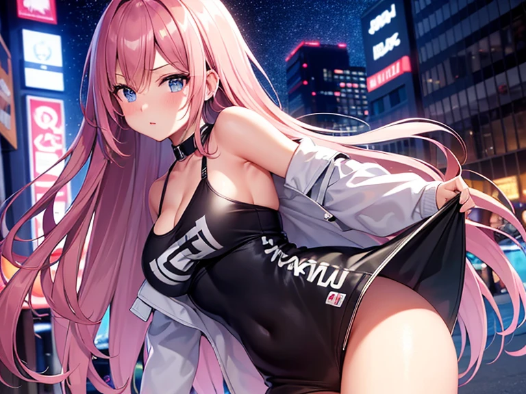 masterpiece, best quality, 1girl, solo, blush, long hair, hair between eyes, ((streetwear clothes)), city, outdoors, night, movie poster, extremely detailed 8K, smooth, high resolution, ultra quality, cinematic lighting, ambient occlusion, hd, 2k, 4k, 8k, 16k, extremely detailed anime, detailed faces, perfect composition, wide shot, atmospheric lighting, very sexy, random angle, uncensored, sin censura