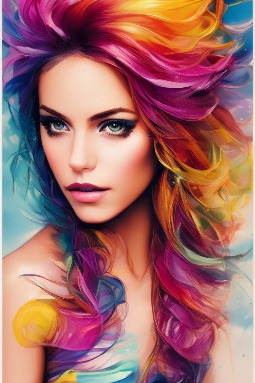 Colorful, beautiful, handsome, chiseled features, illustrated, female, flowing hair, paint, ultra detailed, masterpeice