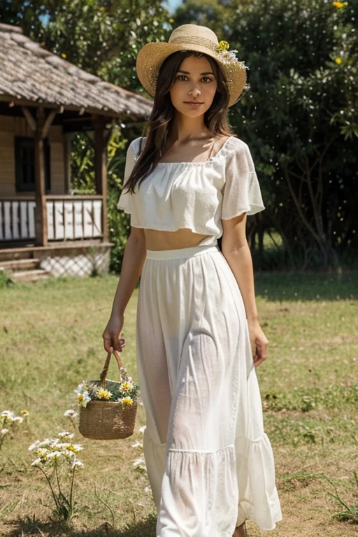 title: “Mãezinha” Scenario:
The cover of the ebook “Mãezinha” portrays an ultra realistic and charming scenario. The background image highlights an idyllic and picturesque farm, with vast green fields stretching to the horizon. Os raios dourados do sol poente banham a paisagem, creating a warm and romantic atmosphere.
No centro da capa, a beautiful and radiant woman is presented. She is dressed in a long white linen skirt and a light lace blouse., that enhance your femininity and elegance. Your loose hair dances softly in the wind, emoldurando seu rosto delicado.
The woman is standing in the middle of a field of wild daisies. As flores brancas e amarelas contrastam com o verde vibrante ao seu redor, criando um efeito visual deslumbrante. Her delicate hands hold a wicker basket full of freshly picked daisies., enquanto ela sorri suavemente para o horizonte.
Ao fundo, you can see an old farmhouse, with its rustic and charming architecture. As janelas de madeira revelam um interior acolhedor e uma lareira acesa, sugerindo aconchego e tranquilidade. The setting is complemented by a white wooden fence, que delimita a propriedade e adiciona um toque de rusticidade ao ambiente.
The cover's color palette is soft and warm., com tons de verde, amarelo e branco predominando.
