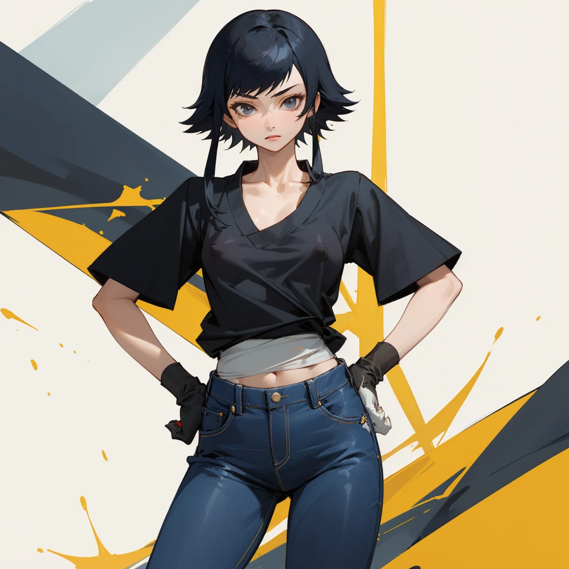 ((highest quality)), ((masterpiece)), (Familiar),  BLEACH,Soi Fon, 1 girl, alone,  Erect nipples, Black Hair,Slanted Eyes, Black clothes,Black Shirt,jeans, thin,thin,short hair with long locks, short hair, Small breasts, gloves, Hands on hips