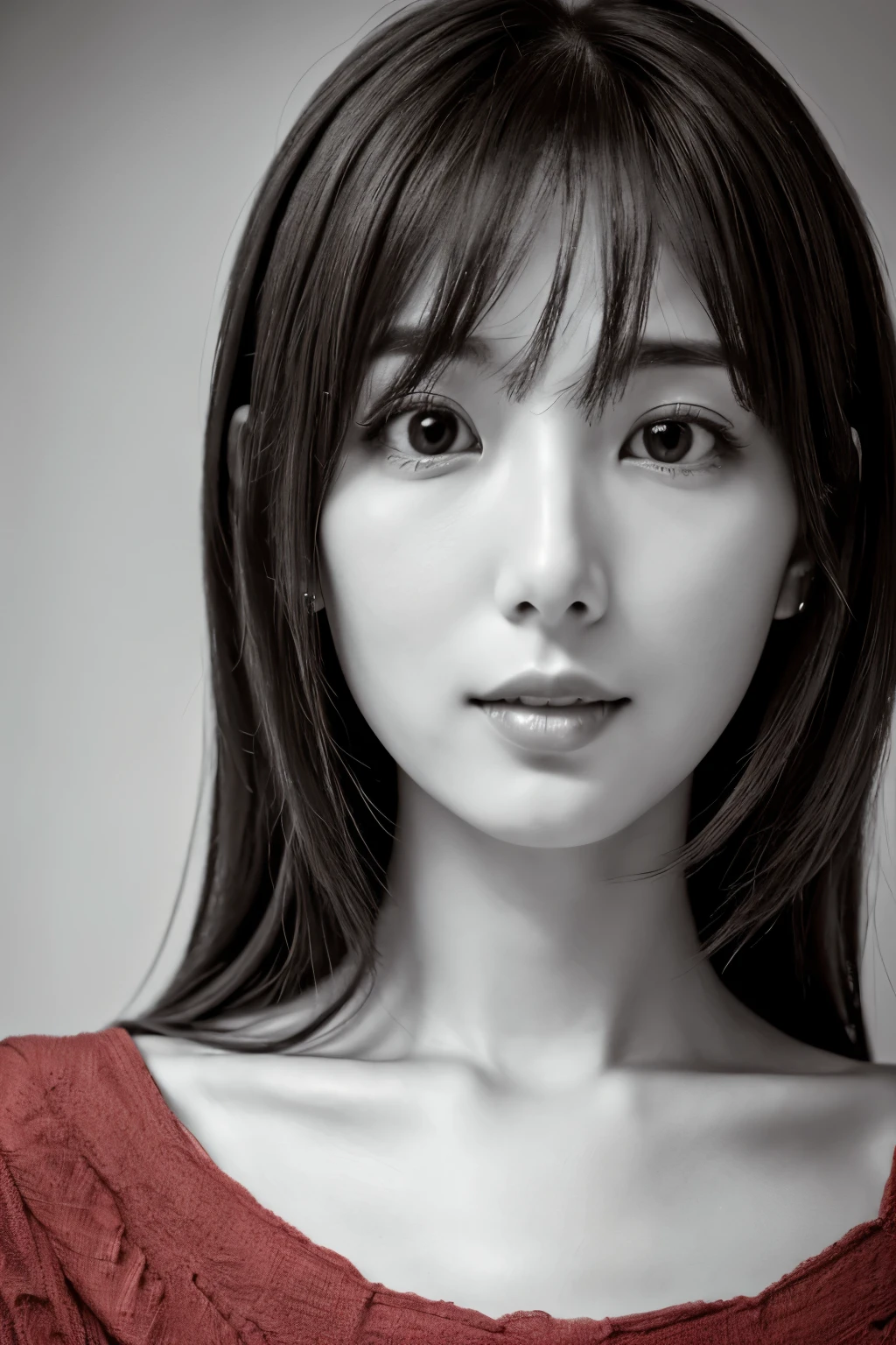 masterpiece, highest quality, Photoreal, Super detailed, High resolution, 8K wallpaper, ((monochrome photography)), 1 girl, Skinny Japanese woman, (((facing the front))), ((Only the lips are in red)), (monochrome photography), brown hair, detailed clavicle, perfect face, straight hair, ((look straight at the camera))