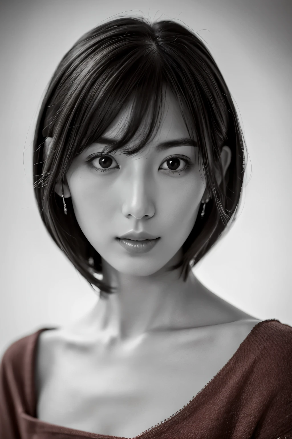masterpiece, highest quality, Photoreal, Super detailed, High resolution, 8K wallpaper, ((monochrome photography)), 1 girl, Skinny Japanese woman, (((facing the front))), ((Only the lips are in red)), (monochrome photography), brown hair, detailed clavicle, perfect face, straight hair, ((look straight at the camera))