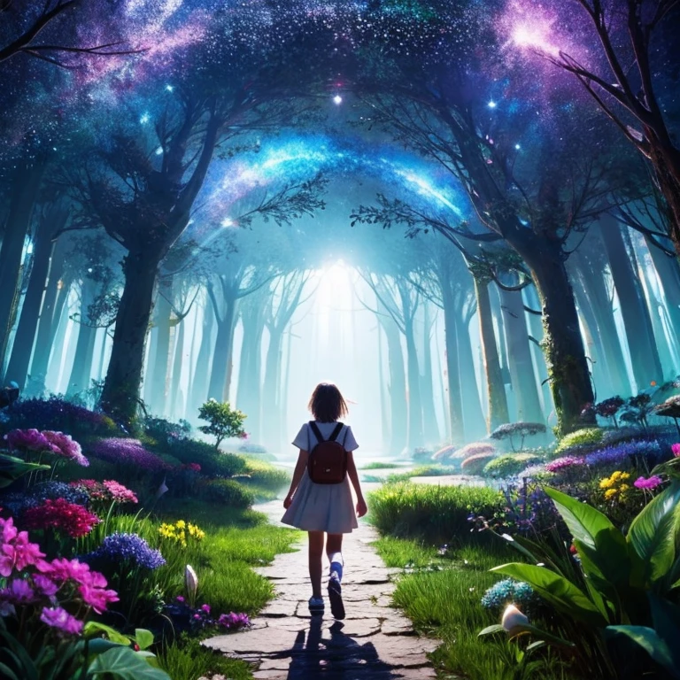 A girl wandering through a magical world, The girl is 11 years old,