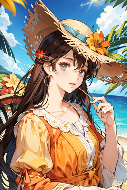 absurdres, highres, ultra detailed, 1girl, solo, extremely detailed eyes, starfish, seashell, shell, flower, hat, hair ornament, jewelry, straw hat, looking at viewer, sunglasses, hat flower, drinking straw, hairclip, earrings, red flower, tinted eyewear, yellow flower, bangs, english text, multicolored hair, orange flower, black hair, ring, cup, long hair, orange-tinted eyewear, food, brown hair, portrait, shell hair ornament