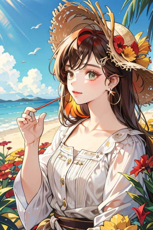 absurdres, highres, ultra detailed, 1girl, solo, extremely detailed eyes, starfish, seashell, shell, flower, hat, hair ornament, jewelry, straw hat, looking at viewer, sunglasses, hat flower, drinking straw, hairclip, earrings, red flower, tinted eyewear, yellow flower, bangs, english text, multicolored hair, orange flower, black hair, ring, cup, long hair, orange-tinted eyewear, food, brown hair, portrait, shell hair ornament