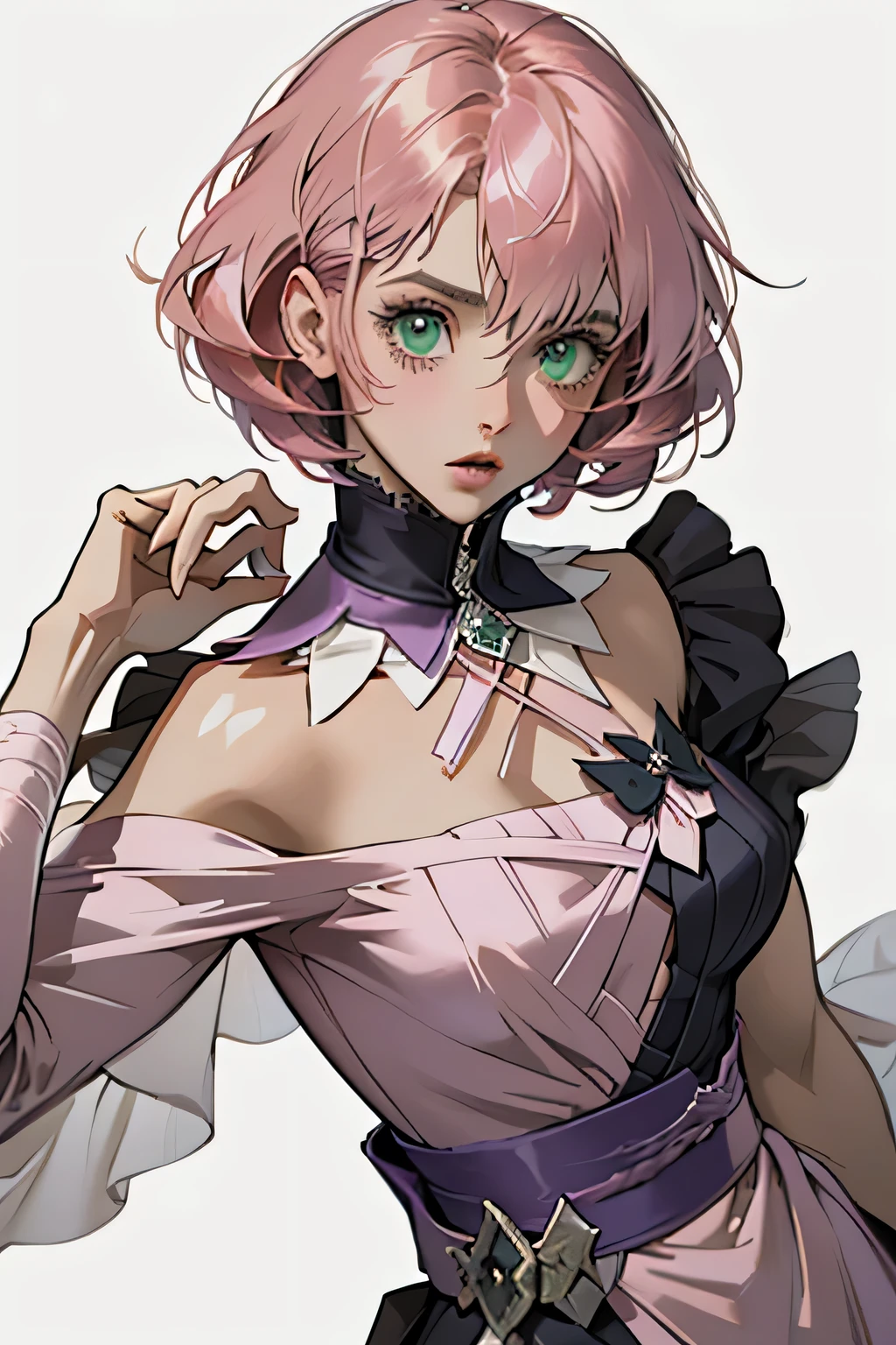 Alisa bosconovitch android of Russian origin, iris of green sparkling eyes, best qualityer, contemporary, flat style, minimalism, Illustrates??the green-eyed plane, pink  hair, shorth hair, multicolored wildly hair, black jersey, mechanical wings, Close-U head portrait, pointed chest, neckleace, super neckleace, medium breasts, tekken, pink  hair pastel, 1 girl, in kimono, hand painted, Colorless line drawing, pastel yandere colorful, tekken, Garota super fofa de pink  hair com maquiagem gótica ao lado, slender figure, chunky, He sat on the floor, Very Shorthair, with cat ears, quadratic element, pink kawaii in 1910 era clothing, Alisa Bosconovich&#39;s pink lips, no style da soft core palette aurorapunk, an anime illustration of your face, animated gifs, hand drawn animation, charming sketches, smooth and shiny, hazy romanticism, Superflat style, perspective, close up, turnado, From the side Side, From  above, cut-in, perspective atmosférica
