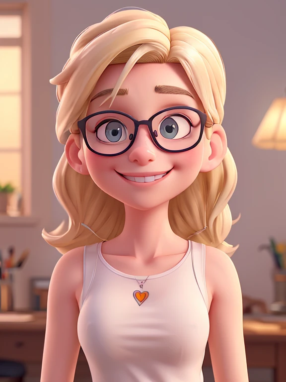 blonde woman with glasses and white tank top posing for a picture, with glasses, thick glasses, Anna Nikonova aka Newmilky, slight nerdy smile, glasses, girl with glasses, sexy girl, big glasses, blonde girl, nerdy glasses, beautiful girl blonde, cute and slightly nerdy smile, angelina stroganova, blonde swedish woman, with glasses on, cute woman, 4k, Comic Babes