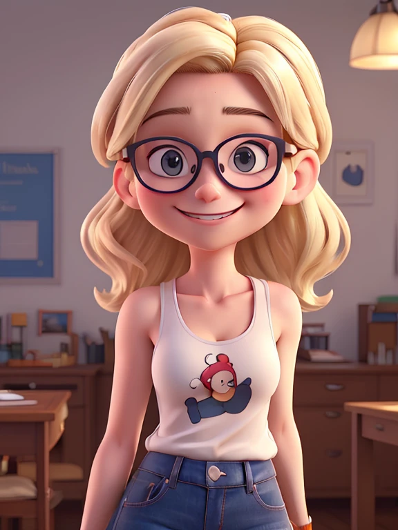 blonde woman with glasses and white tank top posing for a picture, with glasses, thick glasses, Anna Nikonova aka Newmilky, slight nerdy smile, glasses, girl with glasses, sexy girl, big glasses, blonde girl, nerdy glasses, beautiful girl blonde, cute and slightly nerdy smile, angelina stroganova, blonde swedish woman, with glasses on, cute woman, 4k, Comic Babes