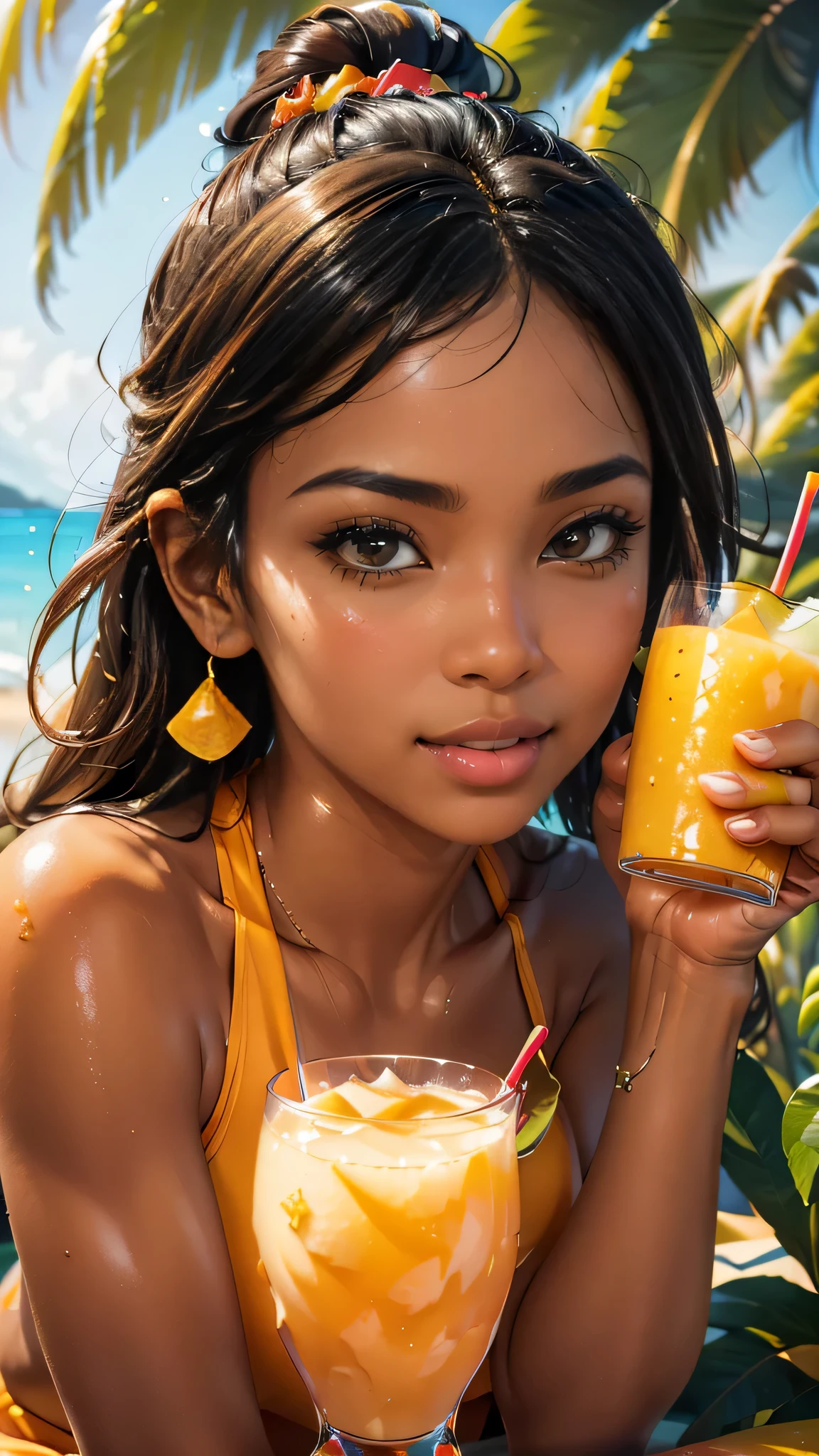 (best quality,ultra-detailed,photo-realistic:1.37), vivid colors, flattering lighting, tropical vibes, juicy mango, luscious details, mouth-watering freshness, refreshing summer, sensuous, vibrant, female subject, lifted arm, mango juice dripping from the wrist to the elbow, tongue sticking out to lick the juice, sideways perspective