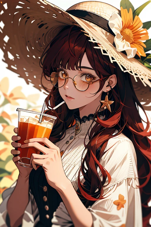 absurdres, highres, ultra detailed, 1girl, solo, extremely detailed eyes, starfish, seashell, shell, flower, hat, hair ornament, jewelry, straw hat, looking at viewer, sunglasses, hat flower, drinking straw, hairclip, earrings, red flower, tinted eyewear, yellow flower, bangs, english text, multicolored hair, orange flower, black hair, ring, cup, long hair, orange-tinted eyewear, food, brown hair, portrait, shell hair ornament