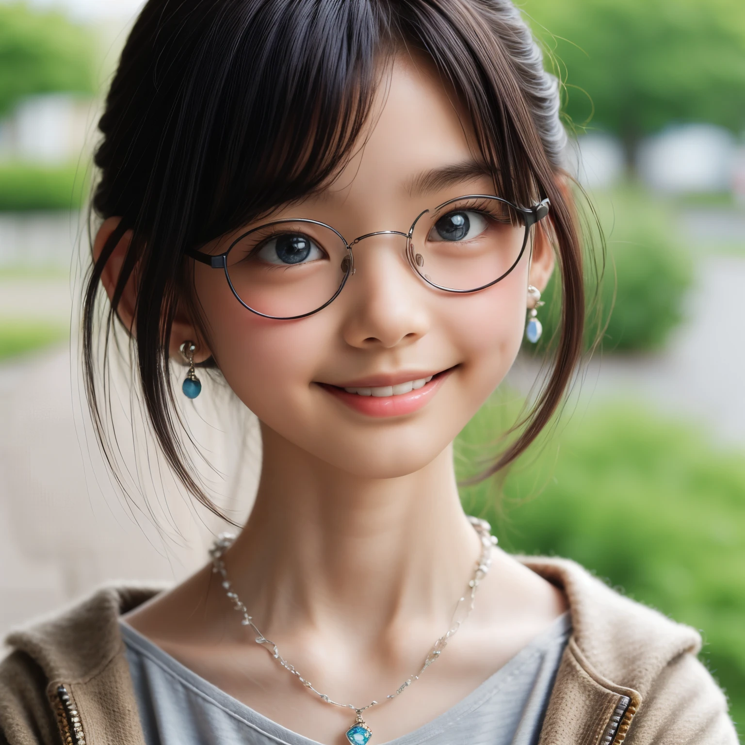 Masterpiece, Top Quality, (Dark Photo: 1.3), Photorealistic, Yuguo, Hanaran, Hanaran, 1 Girl, smiling face, earrings, necklace