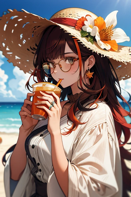 absurdres, highres, ultra detailed, 1girl, solo, extremely detailed eyes, starfish, seashell, shell, flower, hat, hair ornament, jewelry, straw hat, looking at viewer, sunglasses, hat flower, drinking straw, hairclip, earrings, red flower, tinted eyewear, yellow flower, bangs, english text, multicolored hair, orange flower, black hair, ring, cup, long hair, orange-tinted eyewear, food, brown hair, portrait, shell hair ornament