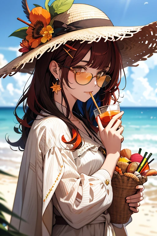 absurdres, highres, ultra detailed, 1girl, solo, extremely detailed eyes, starfish, seashell, shell, flower, hat, hair ornament, jewelry, straw hat, looking at viewer, sunglasses, hat flower, drinking straw, hairclip, earrings, red flower, tinted eyewear, yellow flower, bangs, english text, multicolored hair, orange flower, black hair, ring, cup, long hair, orange-tinted eyewear, food, brown hair, portrait, shell hair ornament