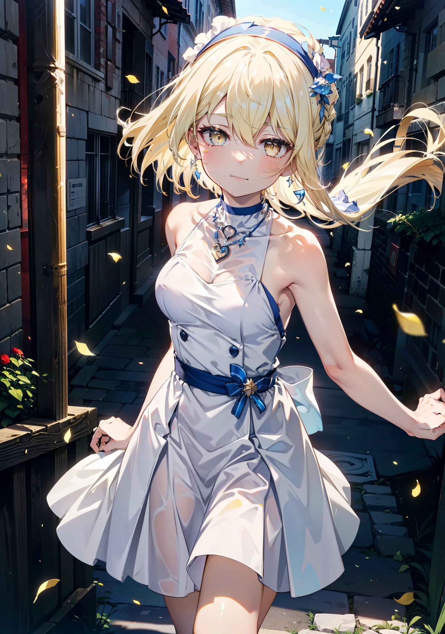 アイスWallenstein, Wallenstein, blonde, Hair between the eyes, hair band, Long Hair, (Yellow Eyes:1.5),happy smile, smile, Close your mouth,smile,blush,White sleeveless dress,Bare arms,Bare neck,Heart Pendant,Long skirt,Cute Sandals,Clear skies,歩いてるbreak looking at viewer,(Cowboy Shot:1. 5) break outdoors,Building district,In town, break (masterpiece:1.2), highest quality, High resolution, unity 8k wallpaper, (shape:0.8), (Beautiful and beautiful eyes:1.6), Highly detailed face, Perfect lighting, Highly detailed CG, (Perfect hands, Perfect Anatomy),