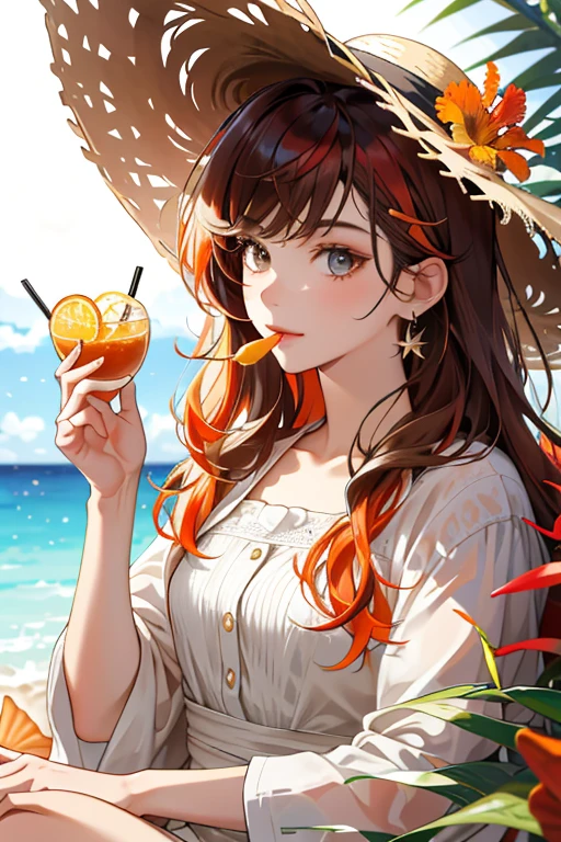 absurdres, highres, ultra detailed, 1girl, solo, extremely detailed eyes, starfish, seashell, shell, flower, hat, hair ornament, jewelry, straw hat, looking at viewer, sunglasses, hat flower, drinking straw, hairclip, earrings, red flower, tinted eyewear, yellow flower, bangs, english text, multicolored hair, orange flower, black hair, ring, cup, long hair, orange-tinted eyewear, food, brown hair, portrait, shell hair ornament
