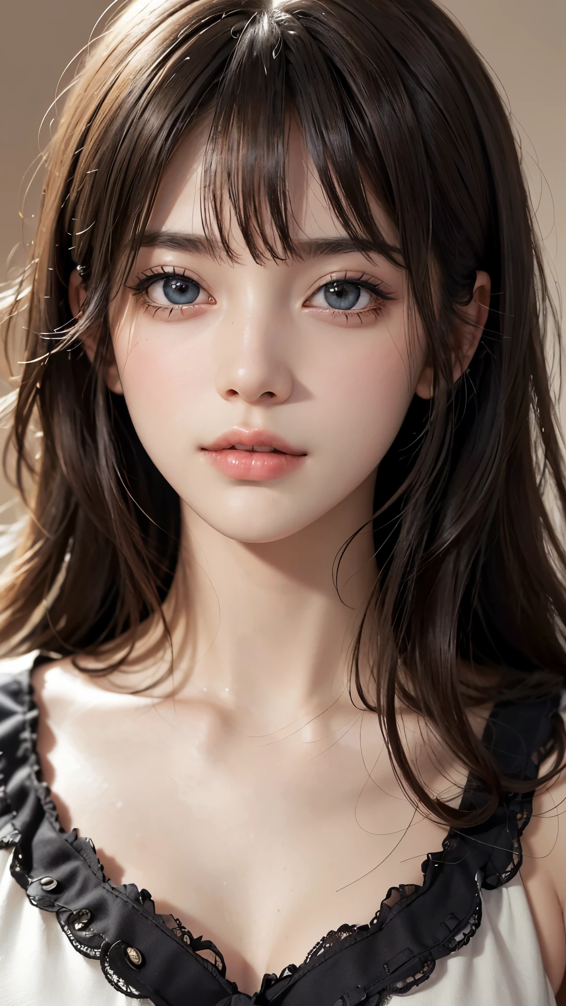 (UHD, retina, masterpiece, accurate, anatomically_correct, textured_skin, super_detail, high_details, high_quality, best_quality, high_res, 1080P, HD, 4K, 8k, 16k), (beautiful_detailed_eyes, beautiful_detailed_lips, extremely_detailed_eyes_and_face), soft_lighting, physically-based_rendering, vivid_colors, (shiny_hair, shiny_skin, tanned_skin, blush), (bangs:1.5), eye_reflection, (bokeh, simple_background), decolletage,