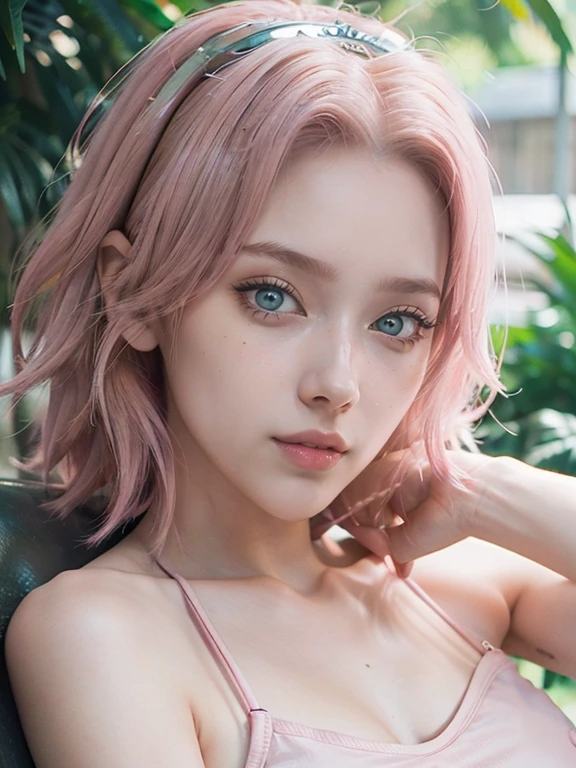 young woman, short shoulder-length pink hair, wide forehead, porcelain skin, pink eyebrows, big emerald green eyes, buttoned nose, full lips, heart-shaped face, slender body, small breasts, maroon tank top, Sakura Haruno , realistic, Realism, details, 3d, well detailed.