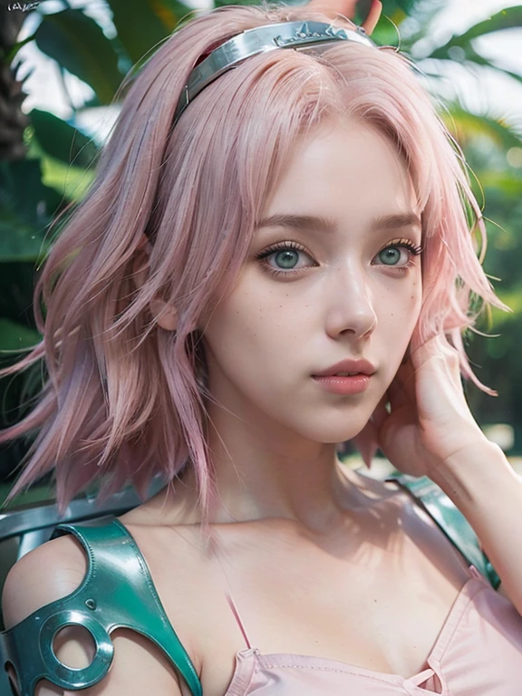 young woman, short shoulder-length pink hair, wide forehead, porcelain skin, pink eyebrows, big emerald green eyes, buttoned nose, full lips, heart-shaped face, slender body, small breasts, maroon tank top, Sakura Haruno , realistic, Realism, details, 3d, well detailed.