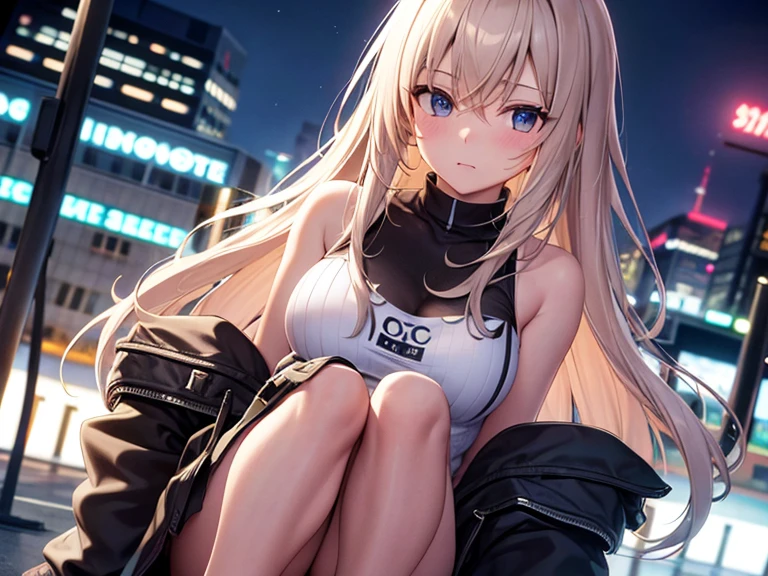 masterpiece, best quality, 1girl, solo, blush, long hair, hair between eyes, ((streetwear clothes)), city, outdoors, night, movie poster, extremely detailed 8K, smooth, high resolution, ultra quality, cinematic lighting, ambient occlusion, hd, 2k, 4k, 8k, 16k, extremely detailed anime, detailed faces, perfect composition, wide shot, atmospheric lighting, very sexy, random angle, uncensored, sin censura
