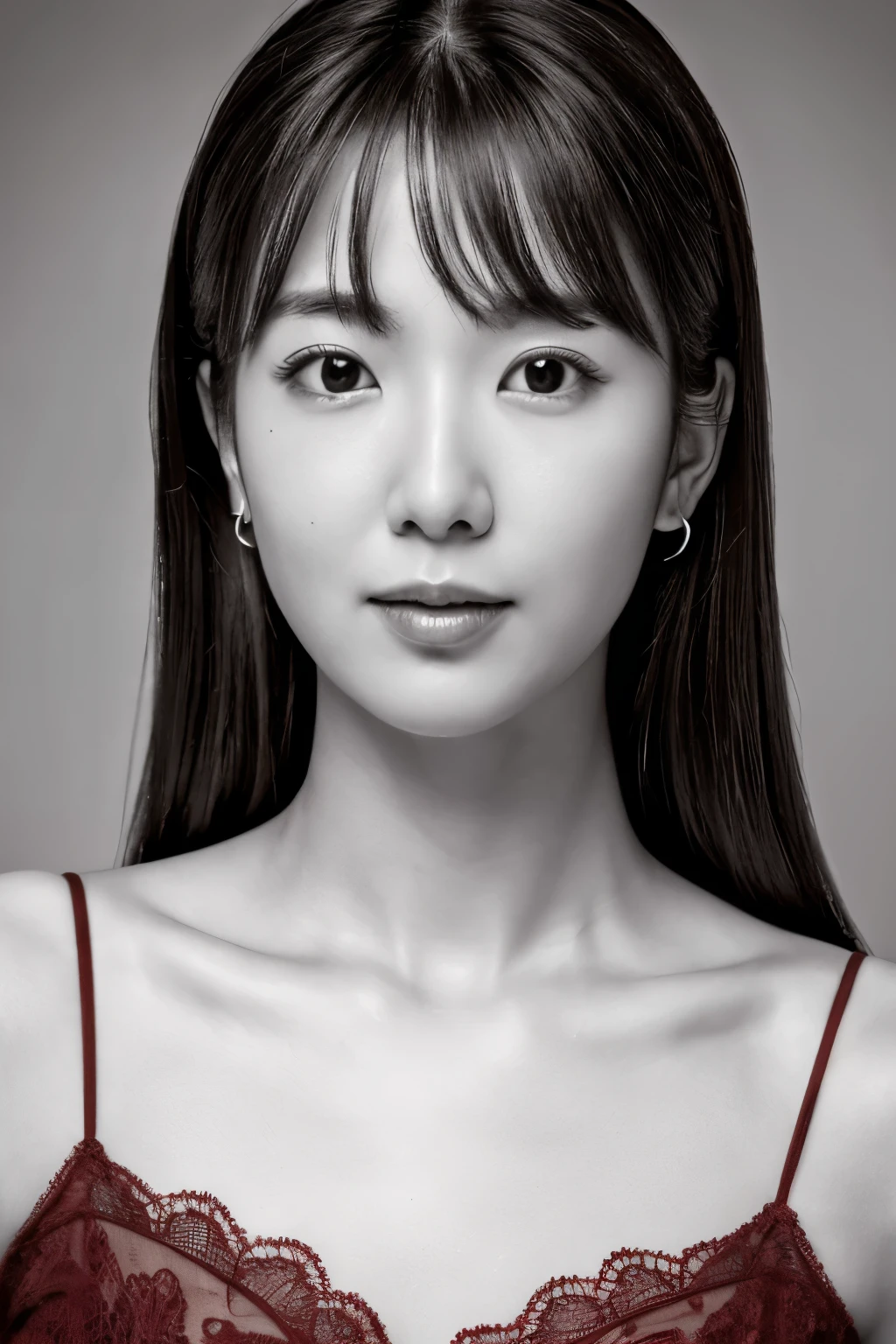 masterpiece, highest quality, Photoreal, Super detailed, High resolution, 8K wallpaper, ((monochrome photography)), 1 girl, Skinny Japanese woman, (((facing the front))), ((Only the lips are in red)), (monochrome photography), brown hair, detailed clavicle, perfect face, straight hair, ((look straight at the camera))