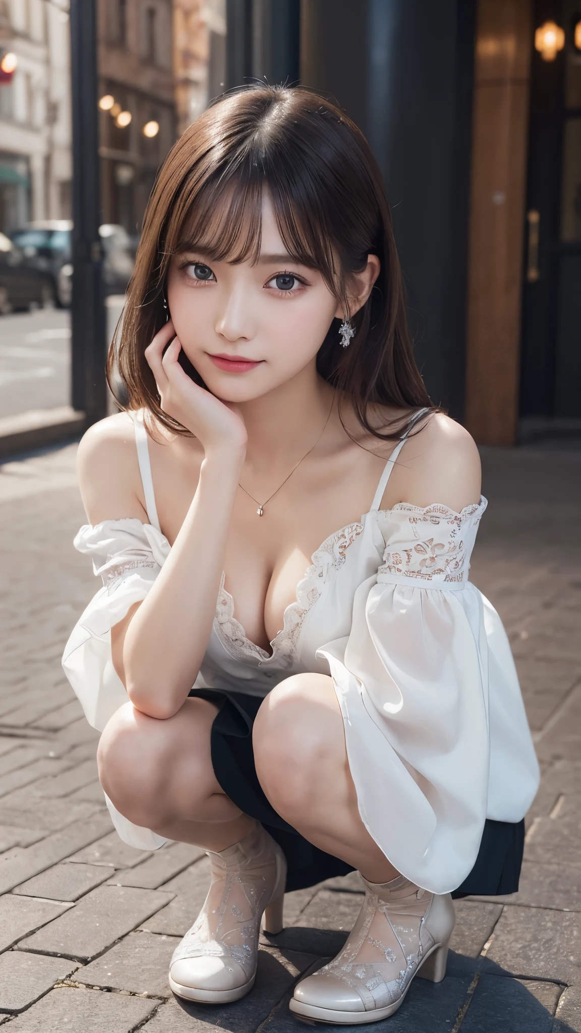 An innocent 、((Random color off-shoulder blouse,skirt,Dramatic Pose)),Cute face,Bright Eyes,Tear bags,A shy smile,Shortcuts,Cafe Background,RAW Photos, (8k、highest quality、masterpiece:1.2)、(Intricate details:1.4)、(Realistic:1.4)、Octane Rendering、Intricate 3D rendering Super Detailed, Studio Soft Light, Rim Light, Crisp details, Super Detail, Realistic skin texture, Detailed aspect, Beautiful details in the eyes, Highly detailed CG Unity 16k wallpaper, compensate, (Detailed Background:1.2), Shiny skin, whole body、Drawing from head to toe、Cleavage,((Bend your knees and squat,M-shaped feet))