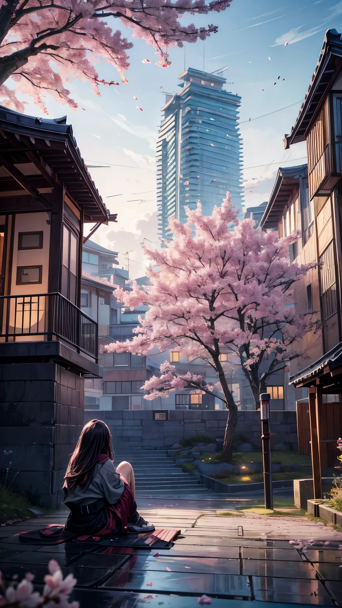 octane, Sky, landscape, night, 1 Girl, Solitary, outdoor, architecture, cloud, sitting, Sakura Tree, Wind, cherry blossoms flying, Long hair, City, Cityscape, sparkle, best quality, 8k, masterpiece, award winning