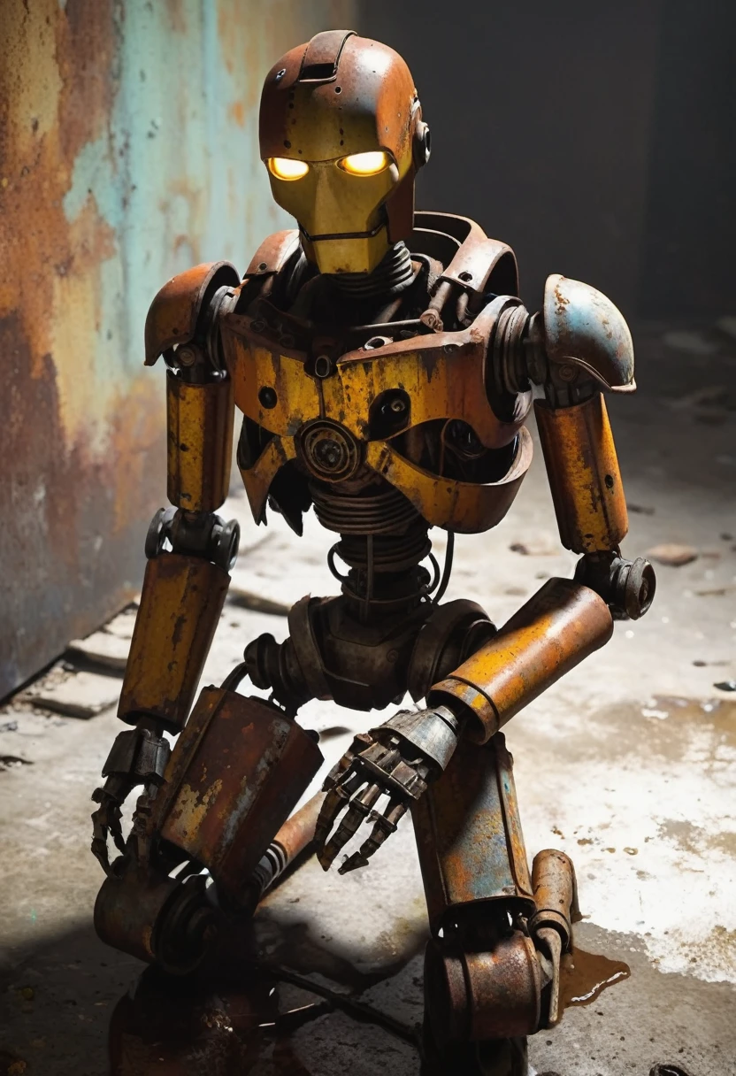 full length view, closeup of a rusty android in the corner of the basement, looking down, abandoned, sad, sitting, concept art, character design, Unreal engine, vray, volumetric fog, sunbeam, insanely detailed, weathered, corroded, oxidized, rusty, rotten, peeling paint, vignette