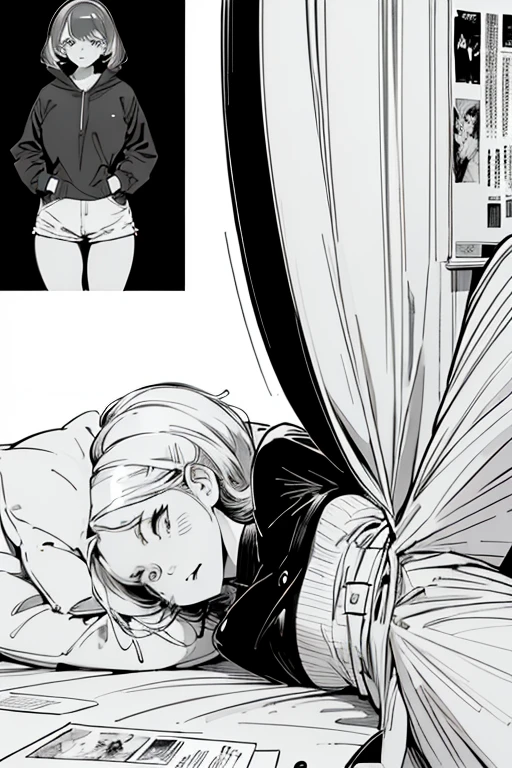 line-drawing, comic strip, monochromes, illustratio, 1girl in, masutepiece, Best Quality, Super Detail