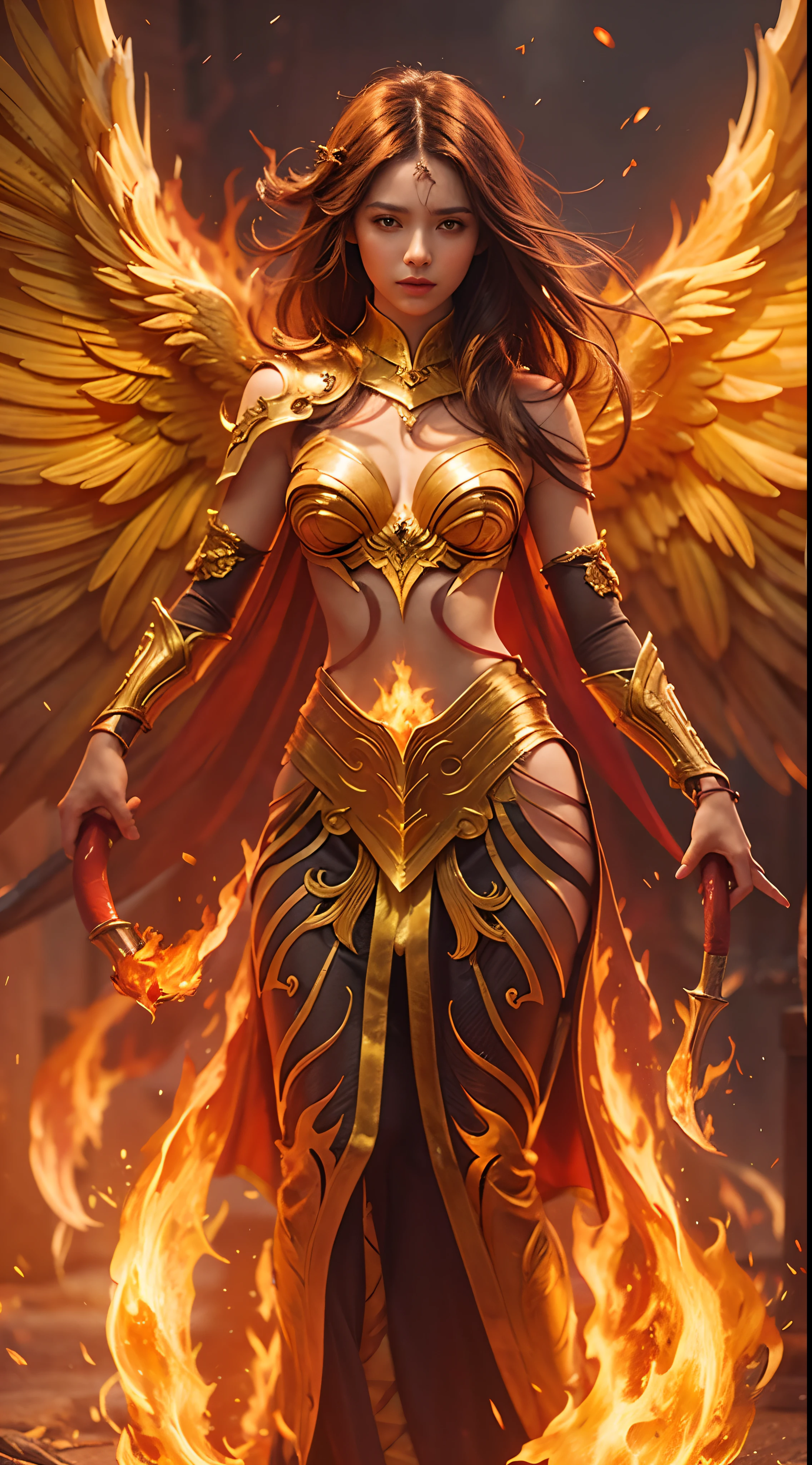 A woman who is,There is fire and flame on the body, with fiery golden wings of flame, with fiery golden wings, Epic fantasy art style, concept-art | Art germ, phoenix warrior, Epic fantasy digital art style, female lord of change, Elementalist, epic exquisite character art