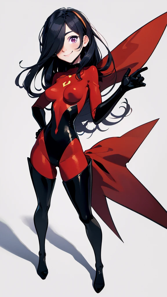 (full body),masterpiece, highest quality, One girl, Violet Par,  Long Hair, Black Hair,  Hair on one eye,  (Red hero suit)，Red bodysuit，black elbow gloves，Black Thigh Boots，Thick thighs，Place one hand on hip，upright，View your viewers, Looking down，From below，Low - Angle，smile, Simple Background 