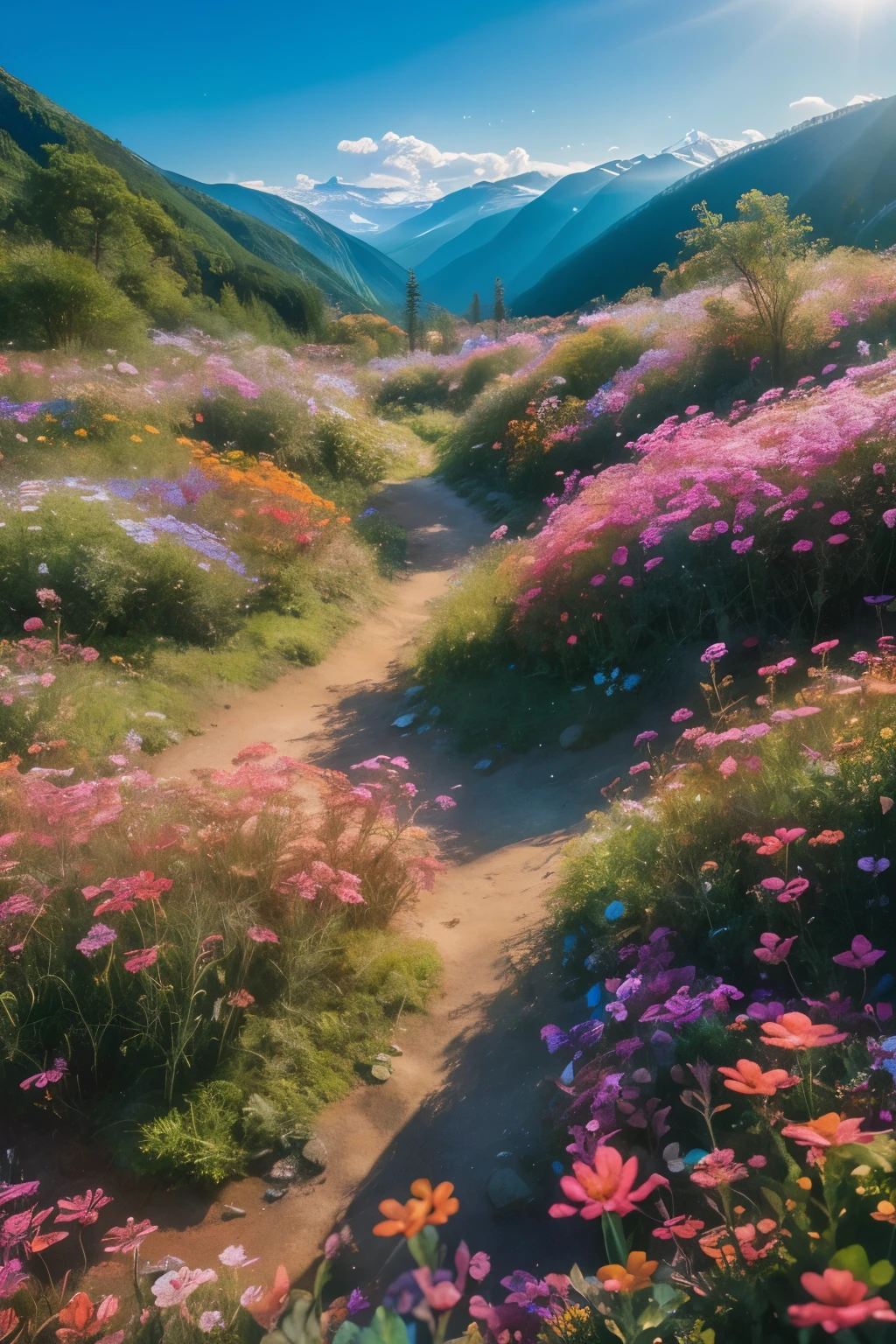 Embark on a vibrant journey through the Valley of Flowers, where hyper-realistic imagery brings nature's kaleidoscope to life in exceptional quality. The lush greenery, abundant with a myriad of colors, is beautifully rendered in every detail, from the intricately textured petals of each flower to the delicate play of light and shadow in the landscape.Every step reveals a new discovery, as the sun casts dappled light through the canopy, illuminating the vibrant hues of the wildflowers in a breathtaking symphony of color. The crisp air is alive with the sweet scent of blooming flowers, adding a sense of enchantment to