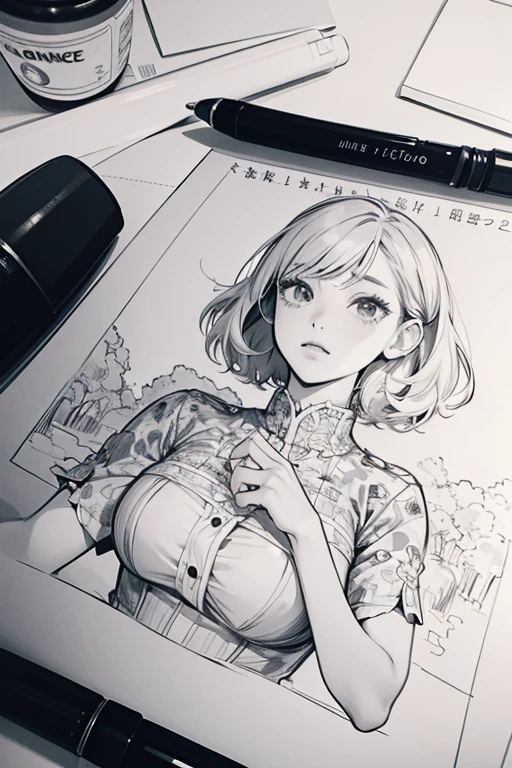 line-drawing, comic strip, monochromes, illustratio, 1girl in, masutepiece, Best Quality, Super Detail