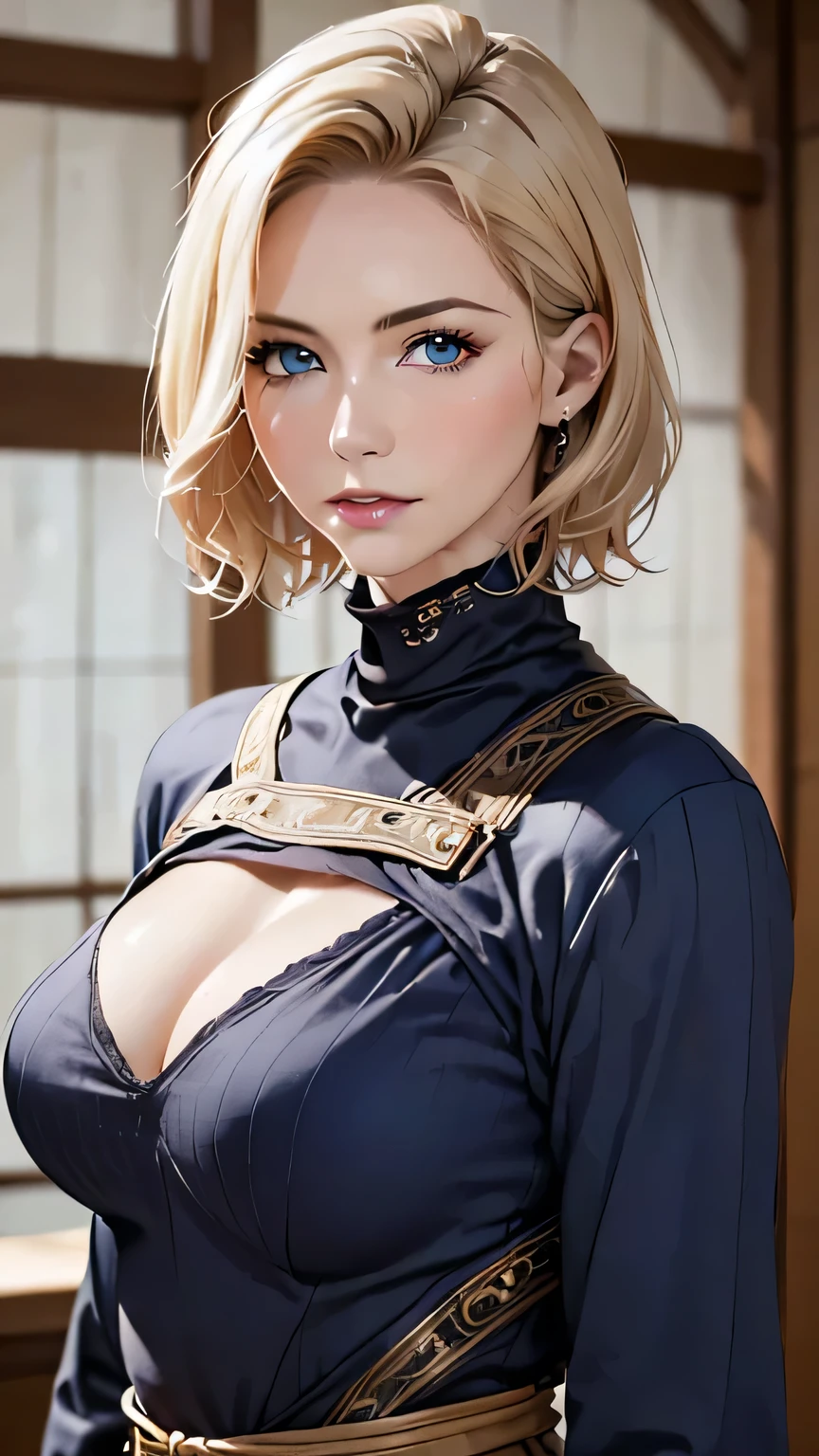 (highest quality,4K,8k,High resolution,masterpiece:1.2),Very detailed,Realistic:1.37,Portraiture,Mature Woman,blonde,blue eyes,White skin,Medieval costume,Detailed facial features,Beautiful Lips,Gorgeous eyes,Great expression,retro style,Soft lighting,Bright colors,short hair,break,Cowboy Shot,