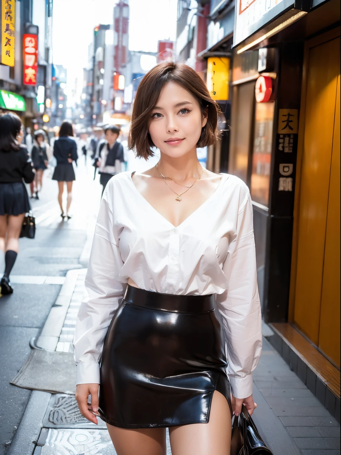 (RAW Photos:1.2), (Realistic:1.4),Beautiful detailed woman,非常にBeautiful Eyesと顔, Beautiful Eyes, Very detailed,High resolution, Very detailed,highest quality,Awareness-raising,Unified,8k wallpaper,masterpiece,highest quality,1 female,alone,rich,Whole Body Ezbian,(A little chubby:0.7),thick legs,alone,（suit:1.4),(Knee-length tight skirt:1.5)、（pantyhose：1.4）、（High heels：1.5）、(have a business bag:1.4）,jewelry, necklace ,short hair,A kind smile,A dignified atmosphere,black eye,Realistic,(Ginza, University District, Tokyo４Standing on the street:1.5)、 (morning:1.1),(Stand upright：1.4）,(go to work:1.2)