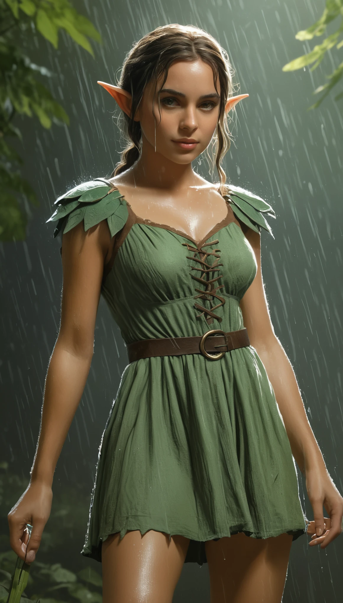 An illustrated movie poster, hand-drawn, full color, a teenage elven girl, elf, resembles Ana De Armas, wearing a cotton dress, brown skin, sun-tanned olive complexion, athletic, hourglass figure, curvy, generous hips, toned legs, ridiculously thick powerful thighs, hazel-green eyes, long pointy elf ears, elven ears, ash brown hair, short shaggy bob, posing in a sunshower, wet glistening skin, hard shadows, graphite shading, stencil marks, airbrushed acrylic paint, masterpiece, in the style of Lord of the Rings