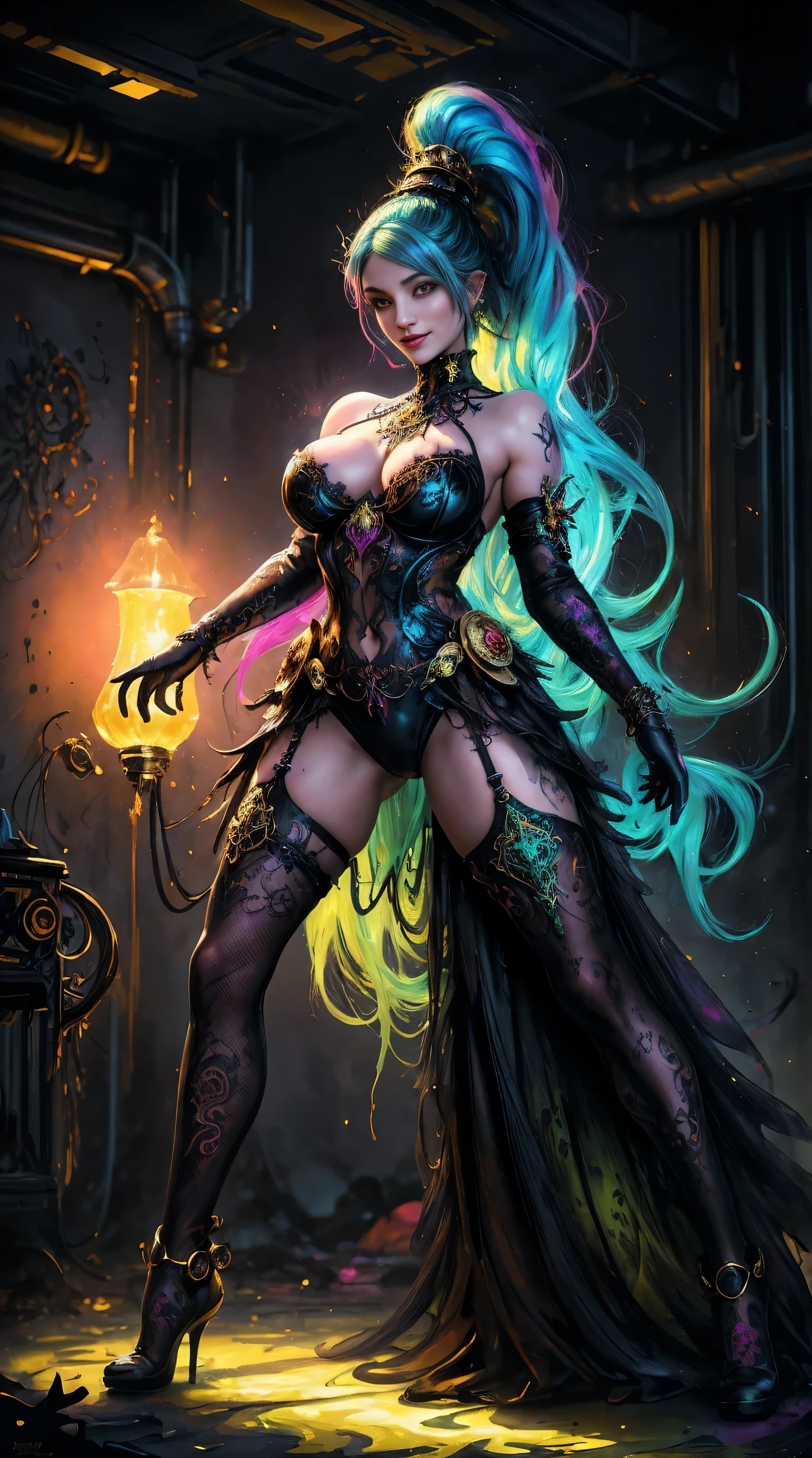 intricate ultra detailed colorful artistic realistic photography, full body portrait, stunningly beautiful colorful gothic Celtic demonic Princess goddess, wearing colorful ornate dragon scale lingerie, detailed gorgeous face, gorgeous eyes, perfect body, beautiful high ponytail hair, open legs stance, legs spread wide open, smiling seductively, creative behavior, spontaneous, imaginative, busty, in a tropical galactic apocalyptic cosmic environment, dreamy, glowing, backlit, glamour, glimmer, shadows, oil on canvas, brush strokes, smooth, ultra high definition, 32k, ultra sharp focus, intricate colorful artwork masterpiece, ominous, golden ratio, epic, unreal engine 5, vibrant, cinematic masterpiece, t-shirt design, vector art, airbrush, colorful Rorschach ink blot, digital painting, soft lighting