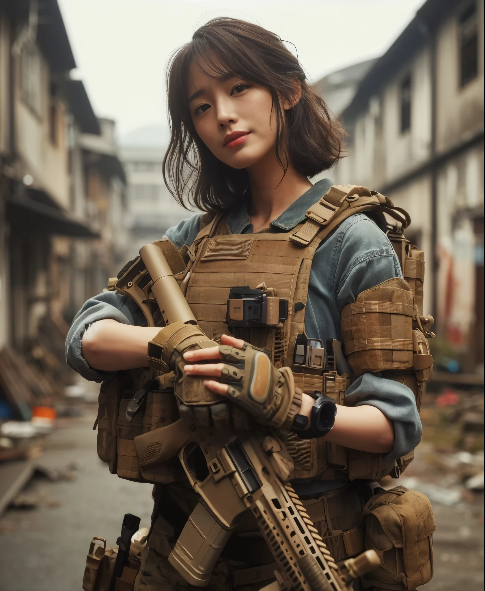 8K, realistic photo, realistic skin texture, Beautiful Japanese women in the US military、Outside the ruins of a giant American supermarket、Operation End、Car buried in rubble、Automatic rifle、Bulletproof vest、Exhaustion、Giving a fist bump to other team members、Rescue the hostage safely、backpack、boots、Covered in scars、Dynamic pose、Innovative composition
