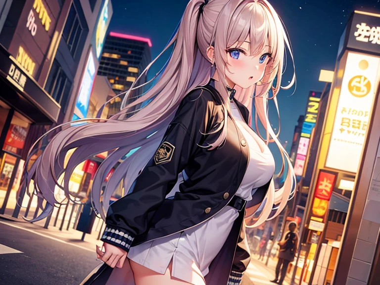 masterpiece, best quality, 1girl, solo, blush, long hair, hair between eyes, ((streetwear clothes)), city, outdoors, night, movie poster, extremely detailed 8K, smooth, high resolution, ultra quality, cinematic lighting, ambient occlusion, hd, 2k, 4k, 8k, 16k, extremely detailed anime, detailed faces, perfect composition, wide shot, atmospheric lighting, very sexy, random angle, uncensored, sin censura